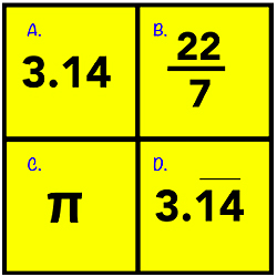 Student poll showing answers A through D. A is 3.14. B is the fraction 22 divided by 7. C is the pi symbol. D is 3.14 repeating.